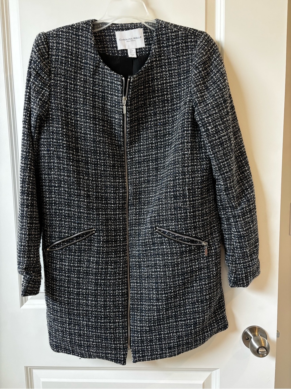 Carolina Belle Black, Blue, & White Tweed Zip-Front Blazer Coat